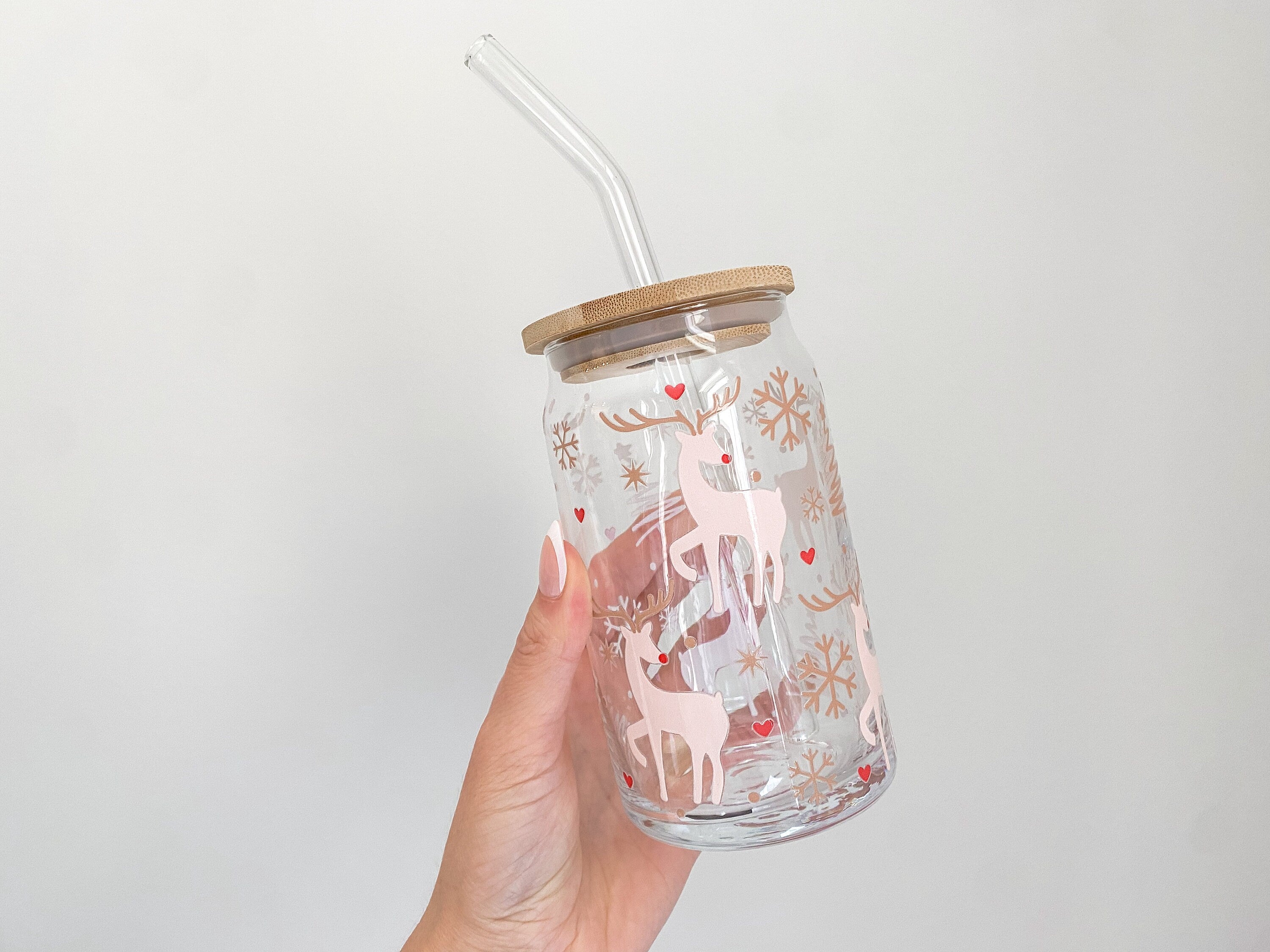 Pink Candy Cane Glass Can Iced Coffee Cup Soda Glass Holiday Cup