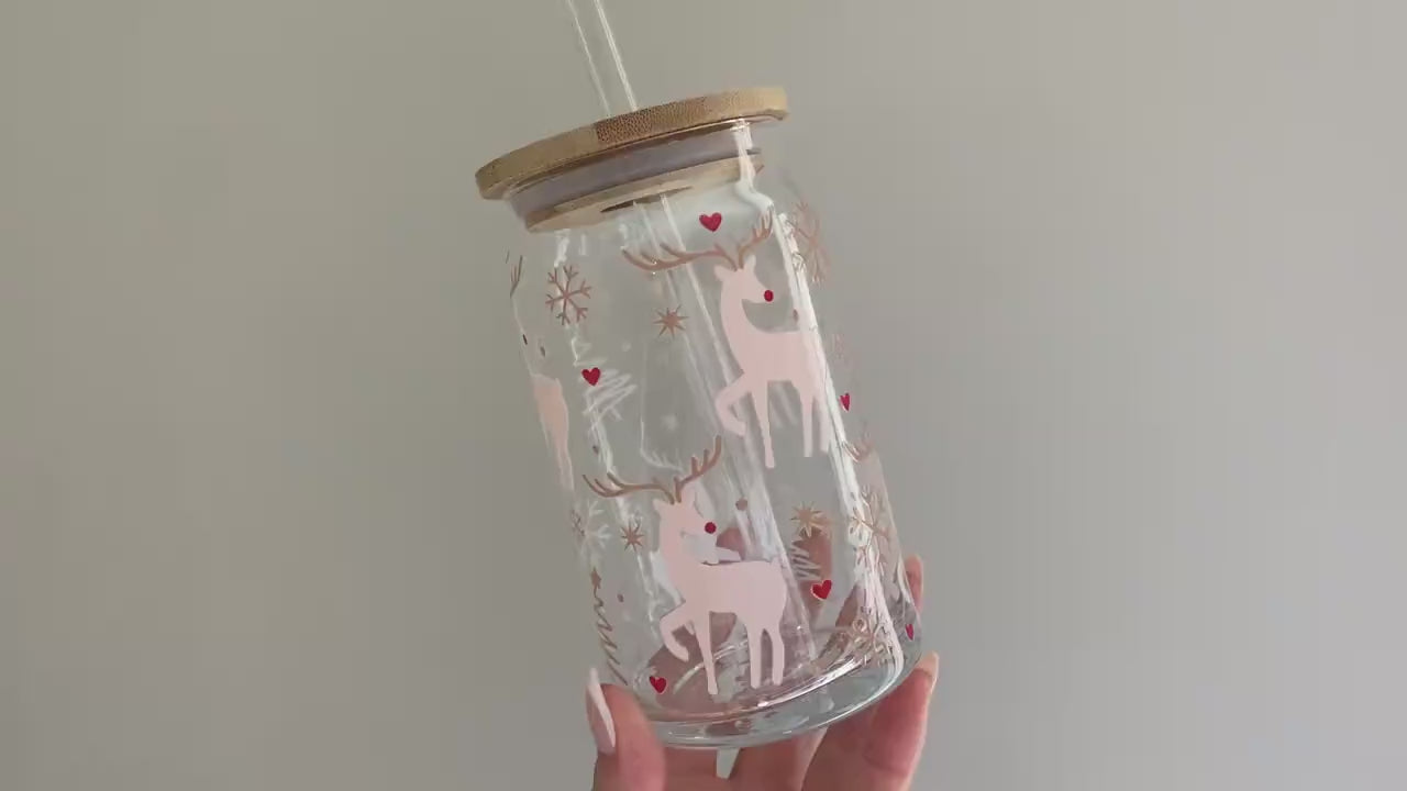 Holiday GLASS Iced Coffee Cup 16oz With Bamboo Lid and Glass Straw